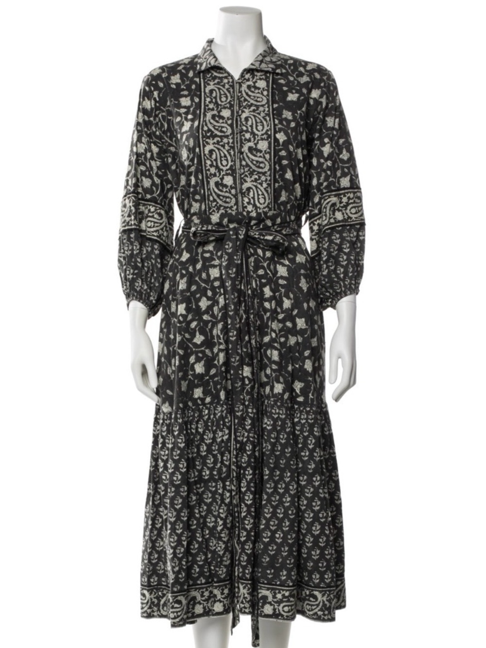 Sue Sartor Black and White Floral Midi Dress with Tie Waist